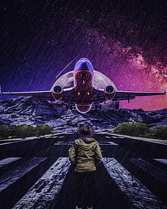 person on pedestrian lane under airplane illustration thumbnail