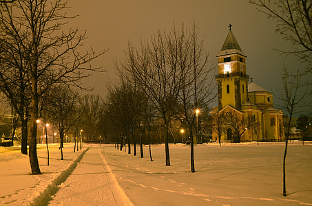 white and brown concrete tower near road at winter thumbnail