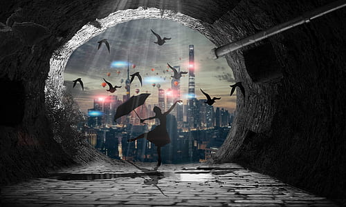 silhouette girl holding umbrella on big hole with birds art thumbnail