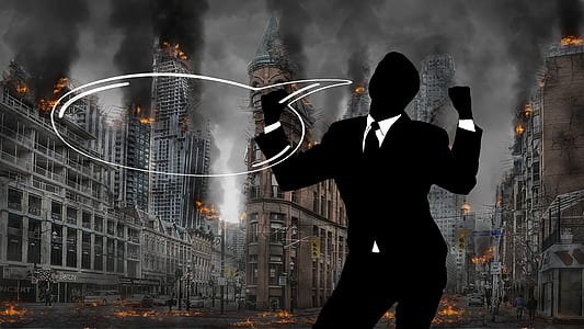 man dancing surrounded of buildings with flames thumbnail