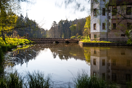 body of water near brown painted house and bridge thumbnail