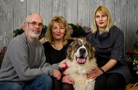 three persons holding dog sitting on couch thumbnail