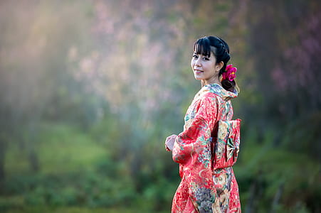 woman wearing pink and green floral kinomo traditional dress thumbnail