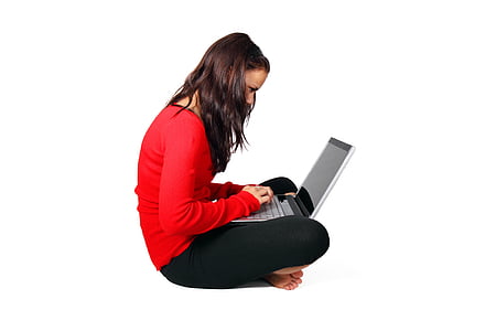 woman wearing red long-sleeved shirt holding laptop thumbnail
