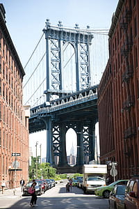 A view of Manhattan Bridge from a busy neighbourhood in a street thumbnail