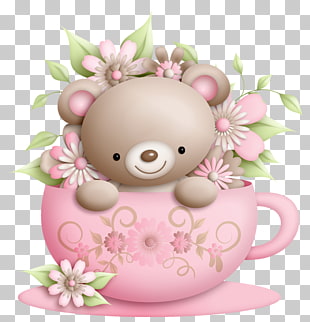 Teddy bear Cuteness , Cup and Teddy with Flowers Decoration , mug of bear PNG clipart