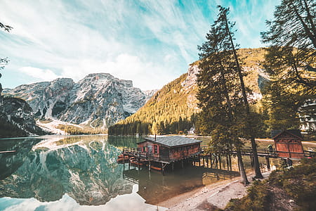 Old Wooden House on Braies Lake, Italy Dolomites thumbnail