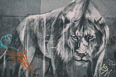 Wide angle shot of street art lion and graffiti, thumbnail