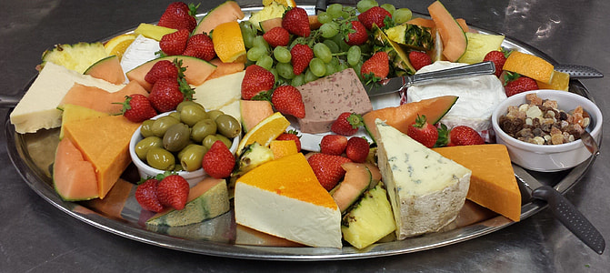 tray of strawberries, grapes, and cheeses thumbnail