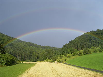 green grass field near road under rainbow thumbnail