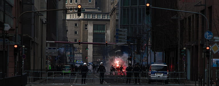 police, flare, urban, protest, building, city thumbnail