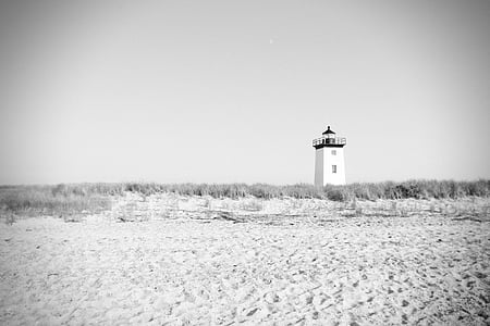 lighthouse surrounded by grass grayscale photography thumbnail