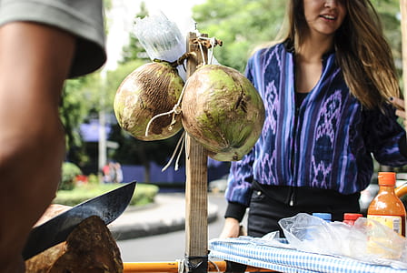 two coconuts hanging on pole thumbnail