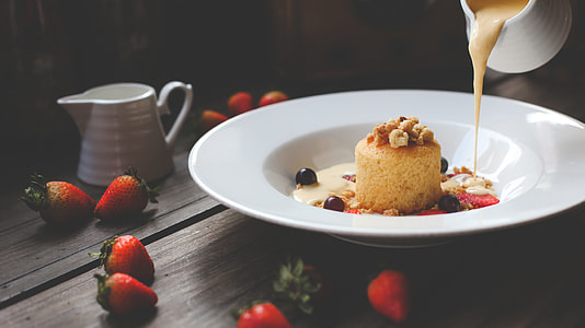 white ceramic plate with cake and strawberries thumbnail