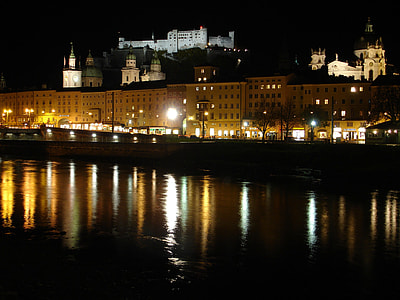 The fortress, Cathedral, and river at night in Salzburg, Austria thumbnail