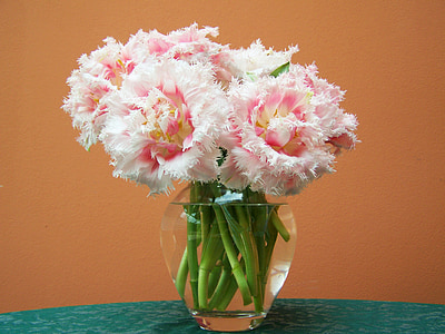 pink flowers in vase filled with water thumbnail