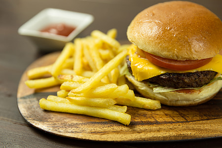 Cheeseburger, fries and ketchup sauce thumbnail