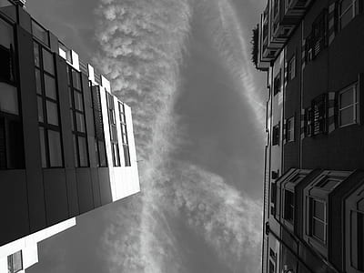 black-and-white, city, sky, clouds thumbnail