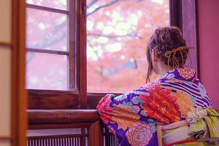 woman in traditional dress leaning beside window panel thumbnail