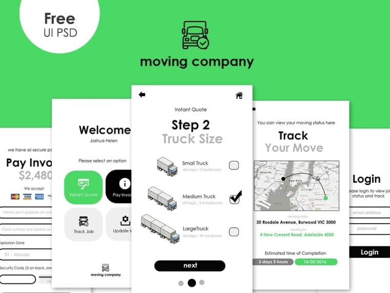 Moving App UI Template PSD psd file