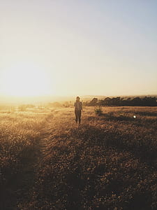 person in brown jacket standing on brown grass filled under clear blue sky thumbnail