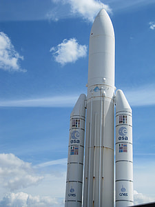 white Esa rocket under blue sky thumbnail