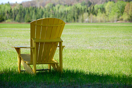 yellow wooden adirondack chair on green grass field thumbnail