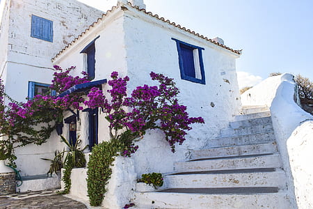 white and blue painted concrete house with side stairs thumbnail