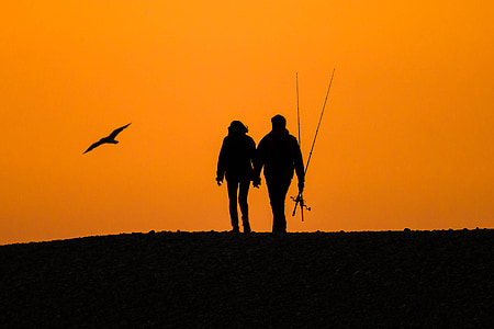 silhouette of couple with fishing rods and flying bird on hill thumbnail