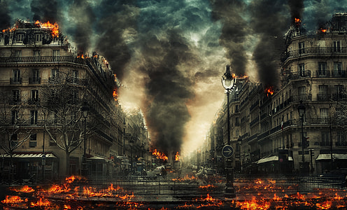 buildings on fire beside trees and lamp posts painting thumbnail