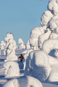 person wearing gray jacket standing near ice formation at daytime thumbnail