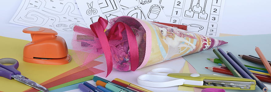 Color Pencil With Two Scissor on White Wooden Table thumbnail