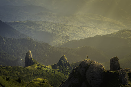 person standing on top of rocky mountain at daytime thumbnail