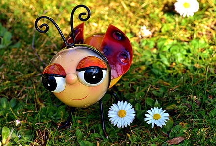 ladybug decor beside white daisy on green grass thumbnail