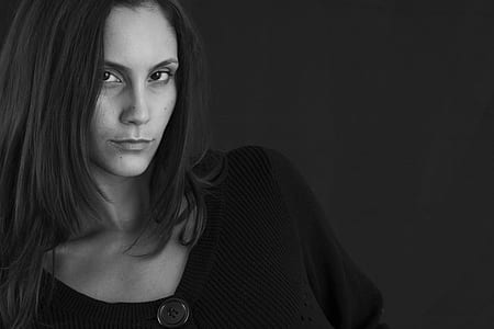 grayscale photo of woman wearing button-up top thumbnail