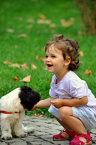 girl sitting in front of the white and black puppy thumbnail