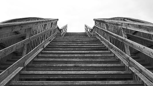 low angle photography of wooden stair grayscale photo thumbnail