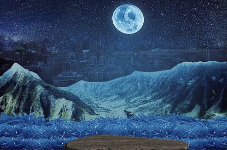 blue grass with mountain and full moon painting thumbnail