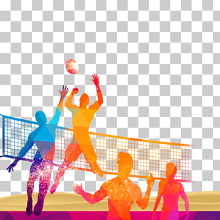Volleyball Sport Poster, Volleyball material , multicolored silhouette of four person playing volleyball PNG clipart