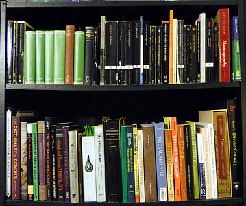 assorted-title book lot on black wooden shelf thumbnail