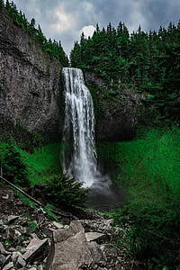 time lapsed photography of waterfalls between grass field and trees thumbnail