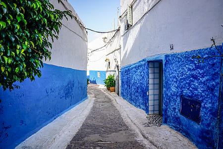 street alley with blue and white painted walls thumbnail