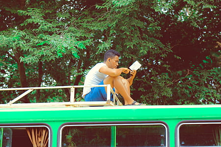 boy sitting on bus roof near tree thumbnail