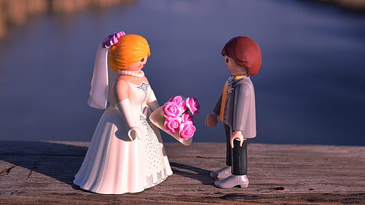 wedded couple Lego toy on brown surface thumbnail