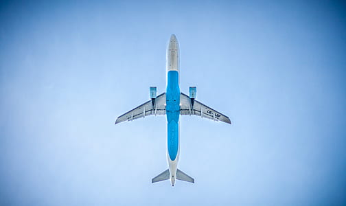 shallow focus photography of white and blue airplane thumbnail