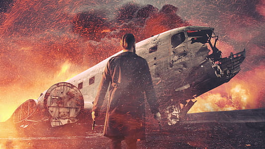 man standing near crashed airplane poster thumbnail