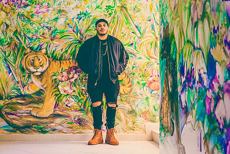 man standing beside tiger painting at the wall thumbnail
