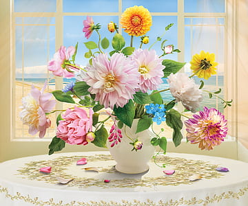 pink and yellow flower arrangement thumbnail