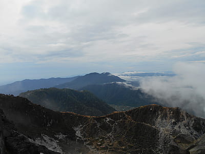 foggy moutains under blue sky thumbnail