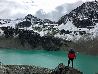 man standing on cliff looking at green lake near mountain at daytime thumbnail